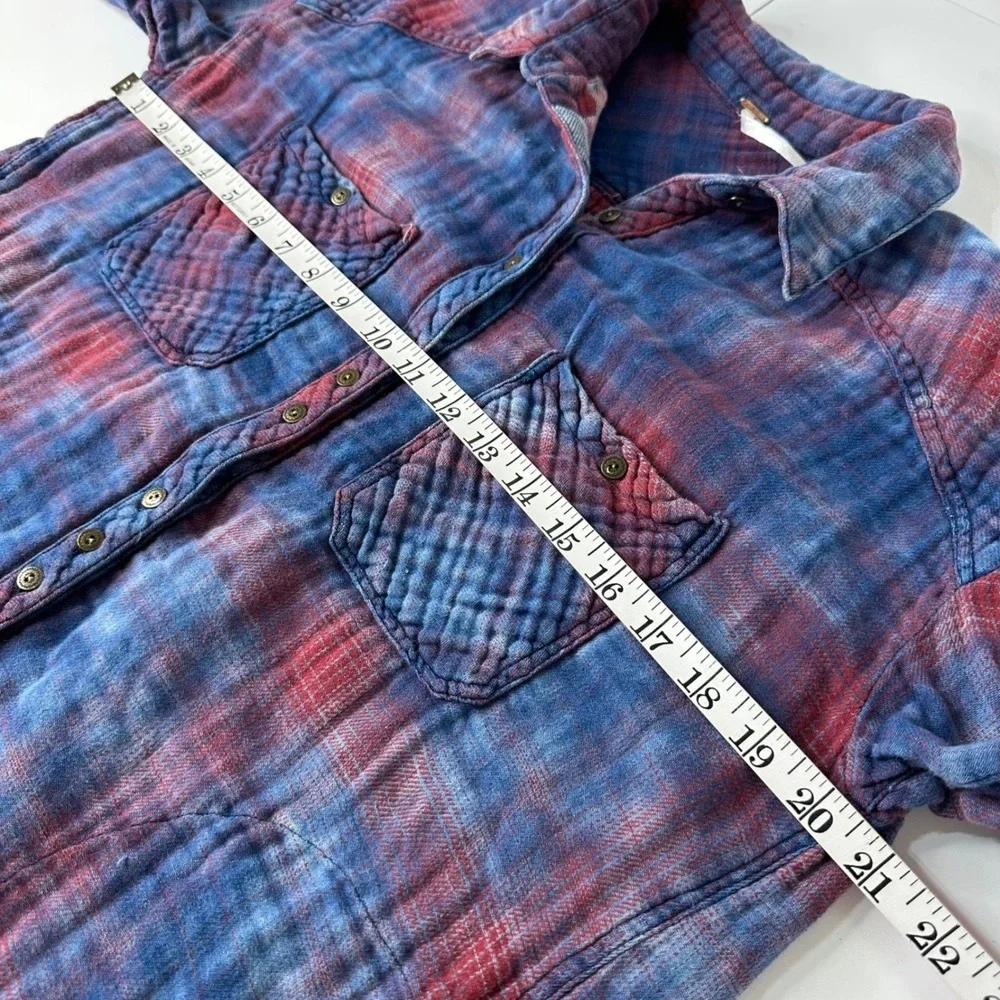 Free People Oversized Double Dip Plaid Shirt Blue Red‎ Button Up Gauzy Sz XS
